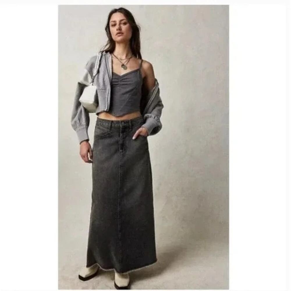Free People Come As You Are Denim Maxi Skirt Charcoal Black Size 2